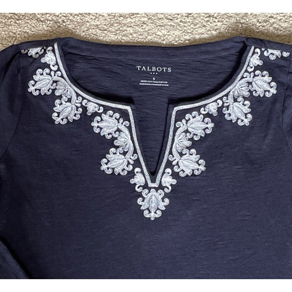 TALBOTS Women's V-Neck Cotton Tunic Size S Embroidered Trim Navy Lagenlook EUC! - Picture 2 of 9